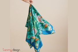 Blue/green silk scarf printed with Phoenix